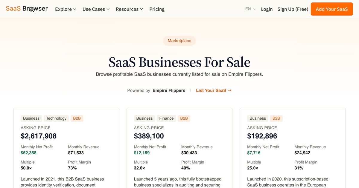 Browse SaaS Businesses For Sale on SaaS Browser